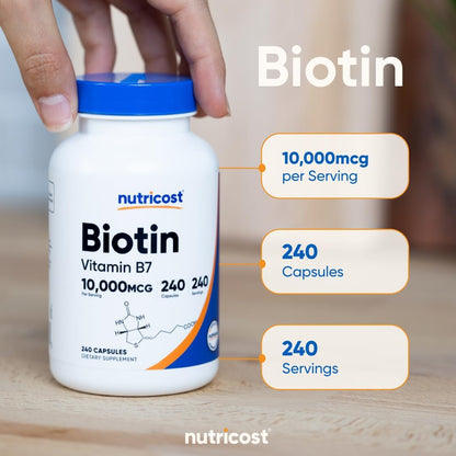 Nutricost Biotin (Vitamin B7) 10,000mcg (10mg) Vitamin Supplement, 240 Capsules - Vegetarian, Gluten Free, Quick Release, Non-GMO - PrimeBioHealth - canada supplements