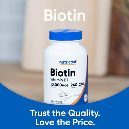 Nutricost Biotin (Vitamin B7) 10,000mcg (10mg) Vitamin Supplement, 240 Capsules - Vegetarian, Gluten Free, Quick Release, Non-GMO - PrimeBioHealth - canada supplements