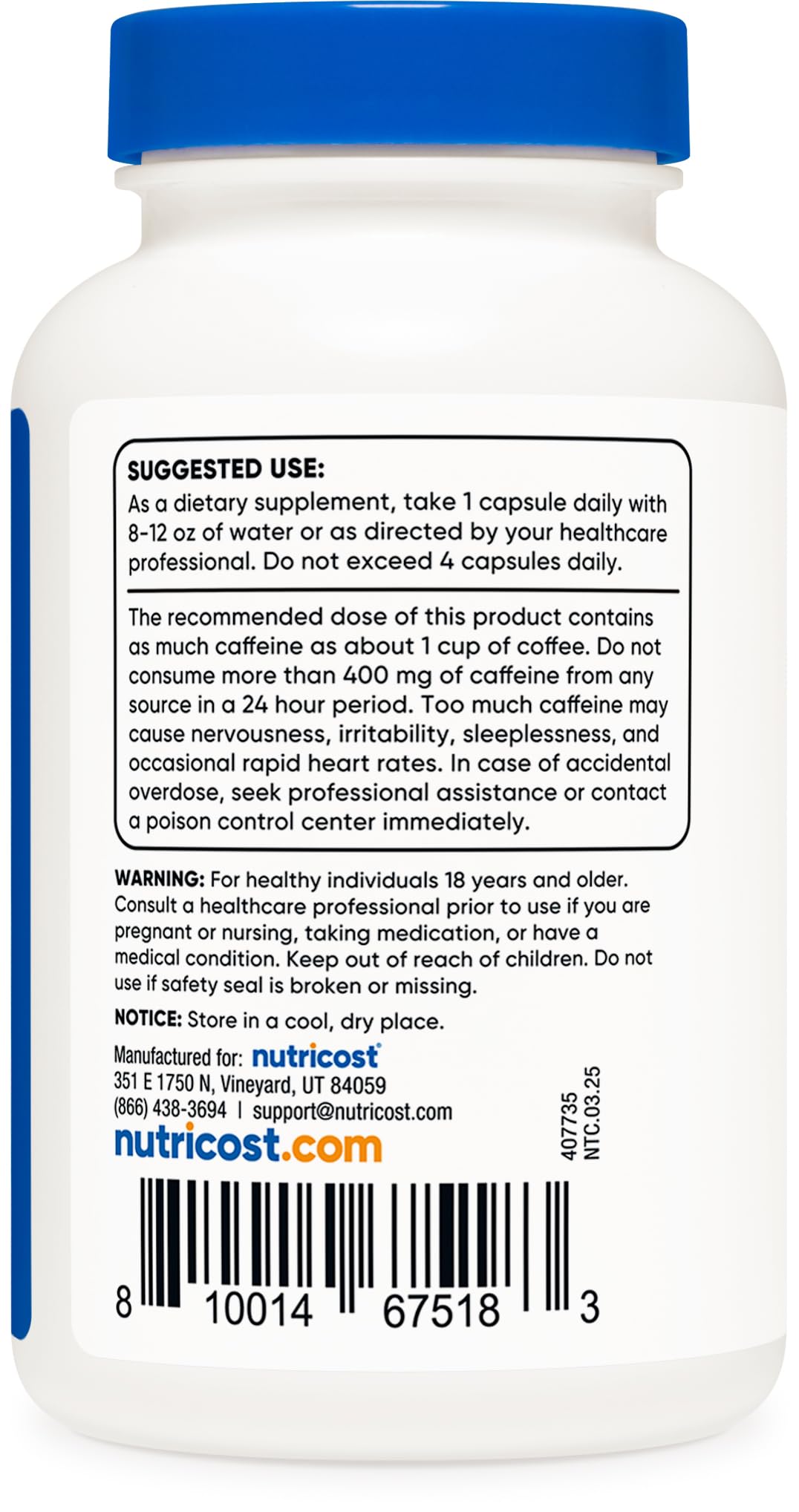 Nutricost Caffeine Pills 100mg Per Serving, 250 Capsules - PrimeBioHealth - canada supplements
