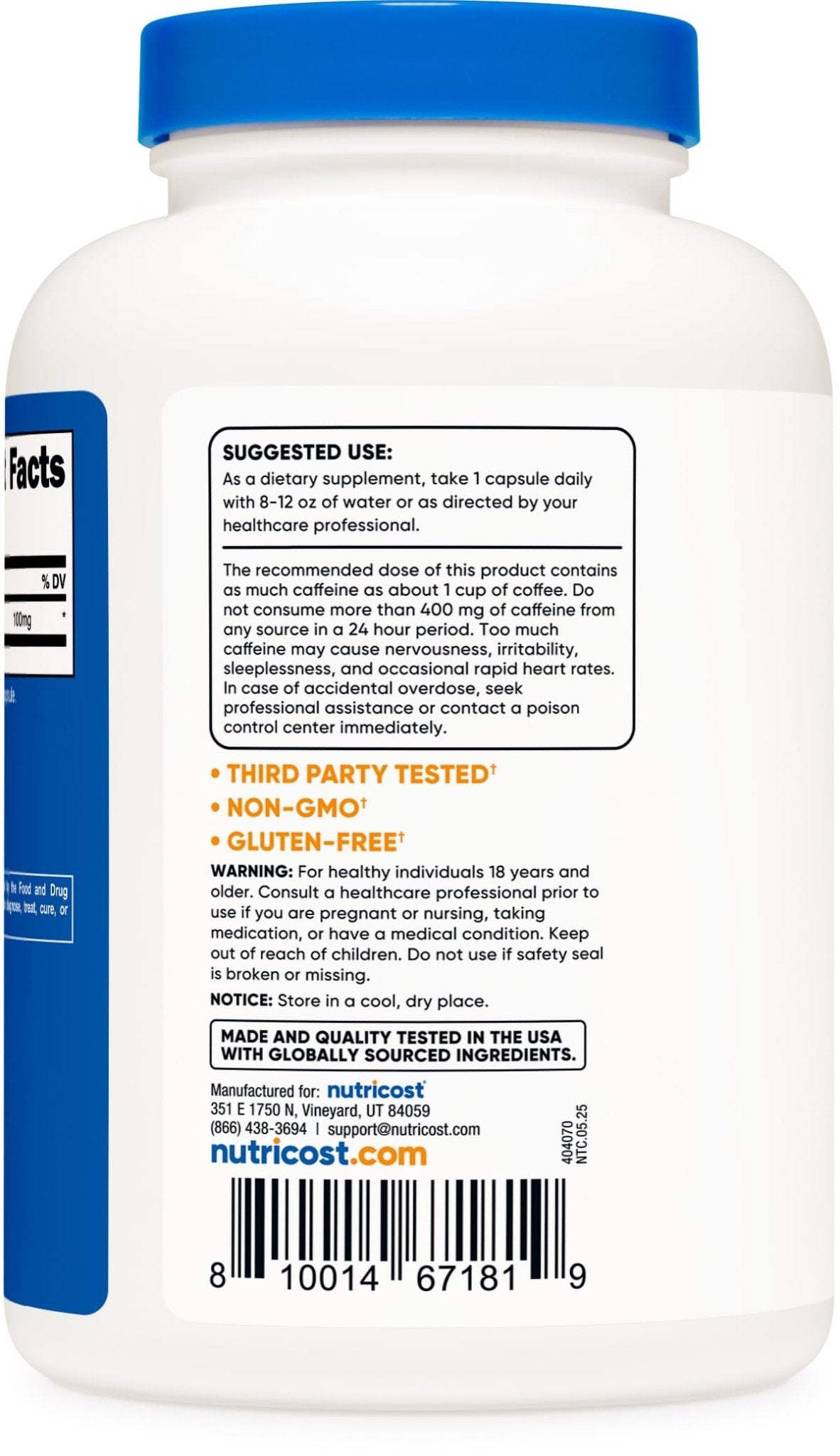Nutricost Caffeine Pills 100mg Per Serving, 250 Capsules - PrimeBioHealth - canada supplements