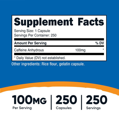 Nutricost Caffeine Pills 100mg Per Serving, 250 Capsules - PrimeBioHealth - canada supplements