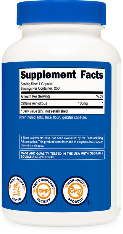Nutricost Caffeine Pills 100mg Per Serving, 250 Capsules - PrimeBioHealth - canada supplements
