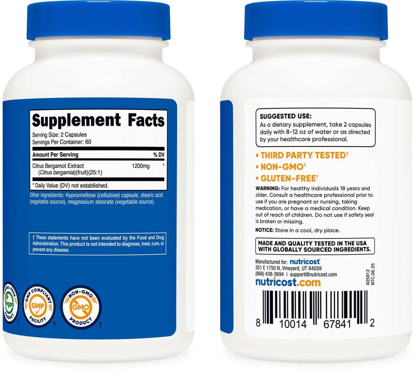 Nutricost Citrus Bergamot Capsules 1,200mg, 120 Capsules, 60 Servings | 25:1 Bergamot Extract, Gluten Free, Vegan, GMO-Free - PrimeBioHealth - canada supplements