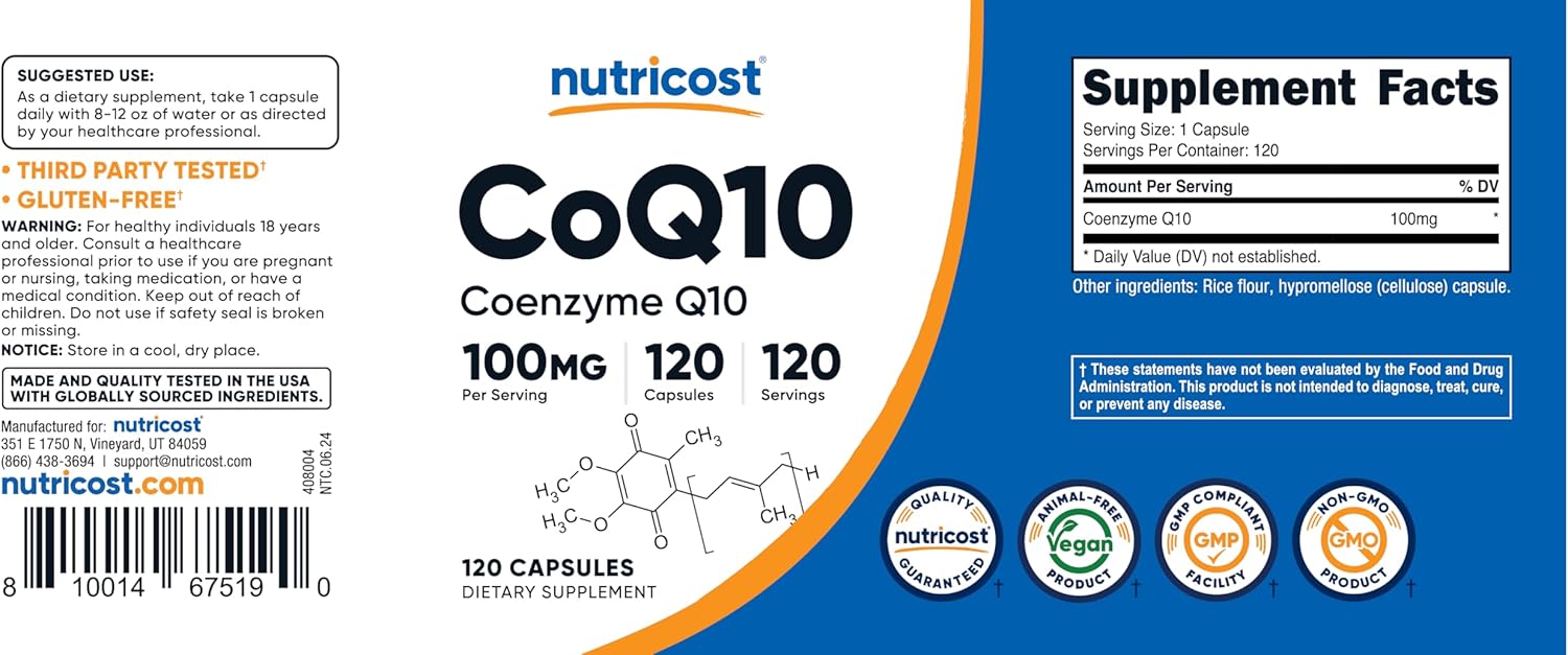 Nutricost CoQ10 100mg, 120 Vegetarian Capsules, 120 Servings - High Absorption, Vegetarian, Non-GMO, Coenzyme Q10 - PrimeBioHealth - canada supplements