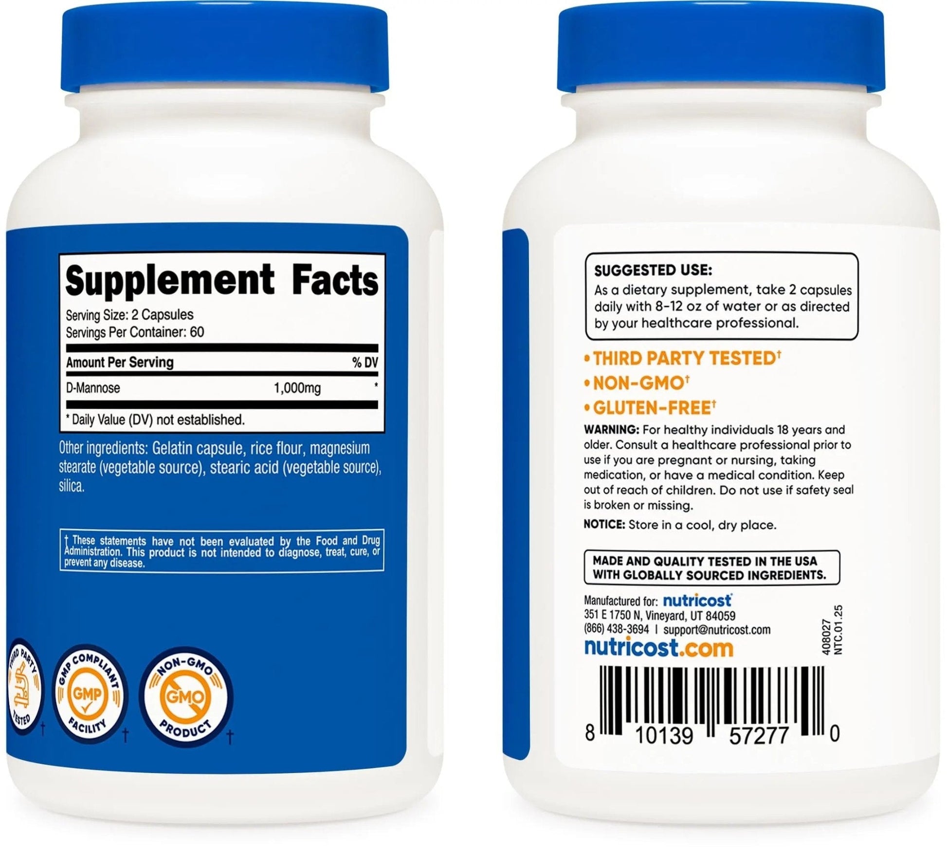 Nutricost D-Mannose 1000mg Per Serving, 120 Capsules - 500mg Per Capsule, Urinary Tract Health, Non-GMO and Gluten Free (Pack of 2) - PrimeBioHealth - canada supplements