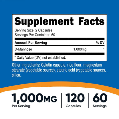 Nutricost D-Mannose 1000mg Per Serving, 120 Capsules - 500mg Per Capsule, Urinary Tract Health, Non-GMO and Gluten Free (Pack of 2) - PrimeBioHealth - canada supplements
