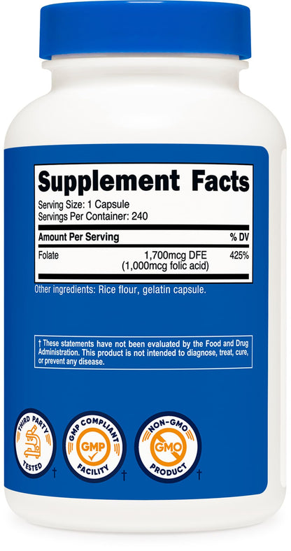 Nutricost Folic Acid (Vitamin B9) 1000 mcg, 240 Capsules - PrimeBioHealth - canada supplements