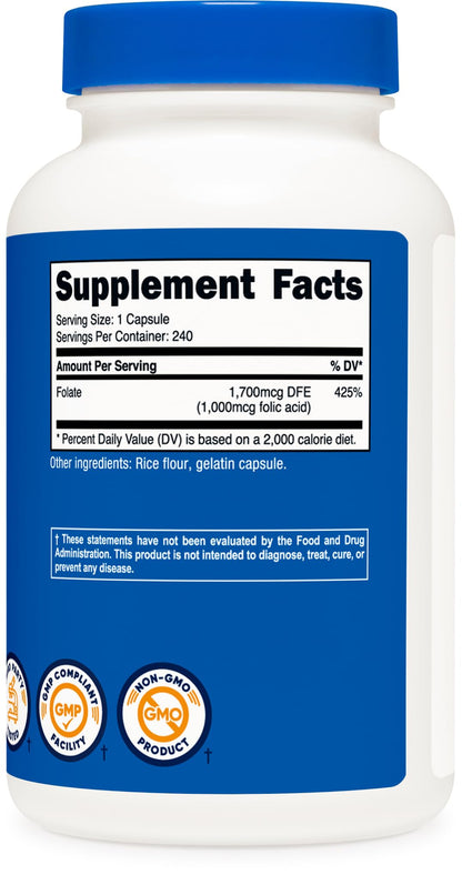Nutricost Folic Acid (Vitamin B9) 1000 mcg, 240 Capsules - PrimeBioHealth - canada supplements