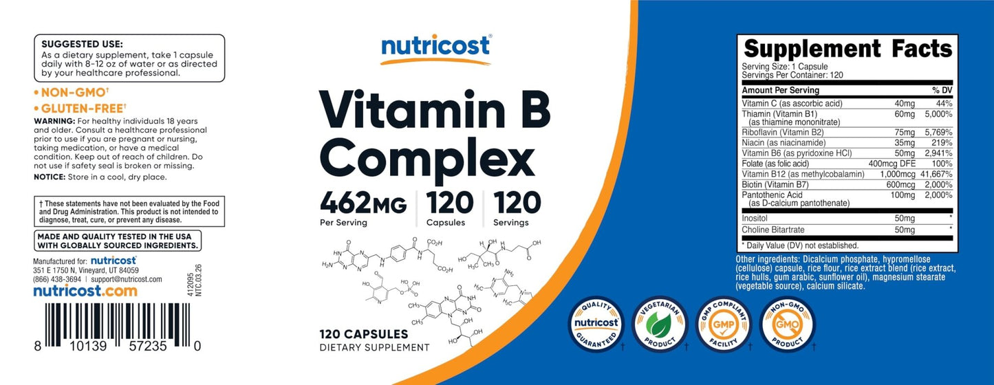 Nutricost High Potency Vitamin B Complex 462mg, 120 Capsules - with Vitamin C - Energy Complex - PrimeBioHealth - canada supplements