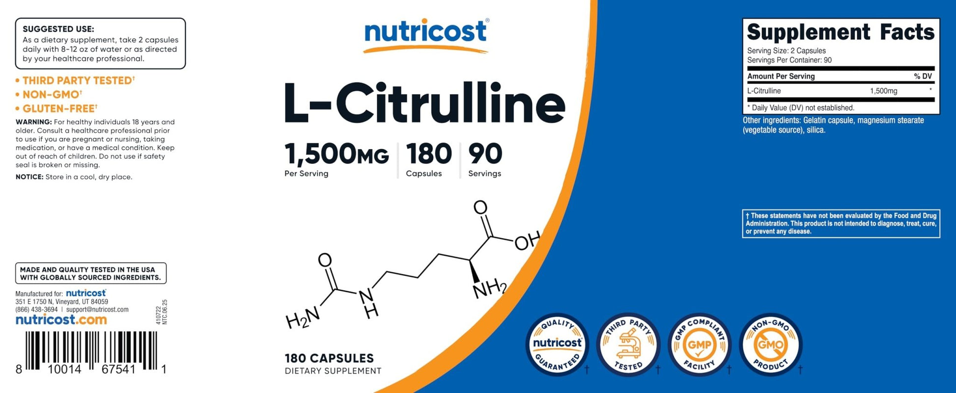 Nutricost L-Citrulline 1500mg, 180 Capsules - 750mg Per Capsule, Gluten Free, Non-GMO, Packaging May Vary - PrimeBioHealth - canada supplements