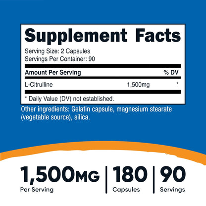 Nutricost L-Citrulline 1500mg, 180 Capsules - 750mg Per Capsule, Gluten Free, Non-GMO, Packaging May Vary - PrimeBioHealth - canada supplements