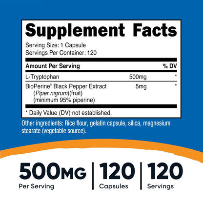 Nutricost L-Tryptophan 500mg, 120 Capsules - with BioPerine, Gluten Free, Non-GMO - PrimeBioHealth - canada supplements