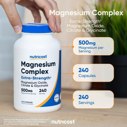 Nutricost Magnesium Complex Extra Strength 500mg, 240 Capsules, Gluten Free | Magnesium Oxide, Citrate, and Glycinate, GMO-Free - PrimeBioHealth - canada supplements