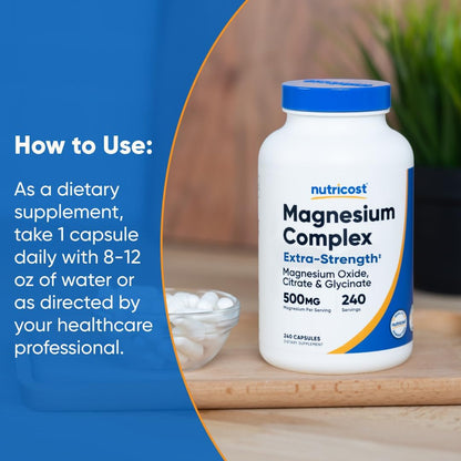 Nutricost Magnesium Complex Extra Strength 500mg, 240 Capsules, Gluten Free | Magnesium Oxide, Citrate, and Glycinate, GMO-Free - PrimeBioHealth - canada supplements