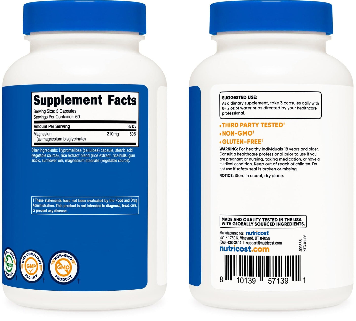 Nutricost Magnesium Glycinate Capsules, 180 Capsules, 210mg | Gentle Absorption, Magnesium Glycinate Supplement - PrimeBioHealth - canada supplements