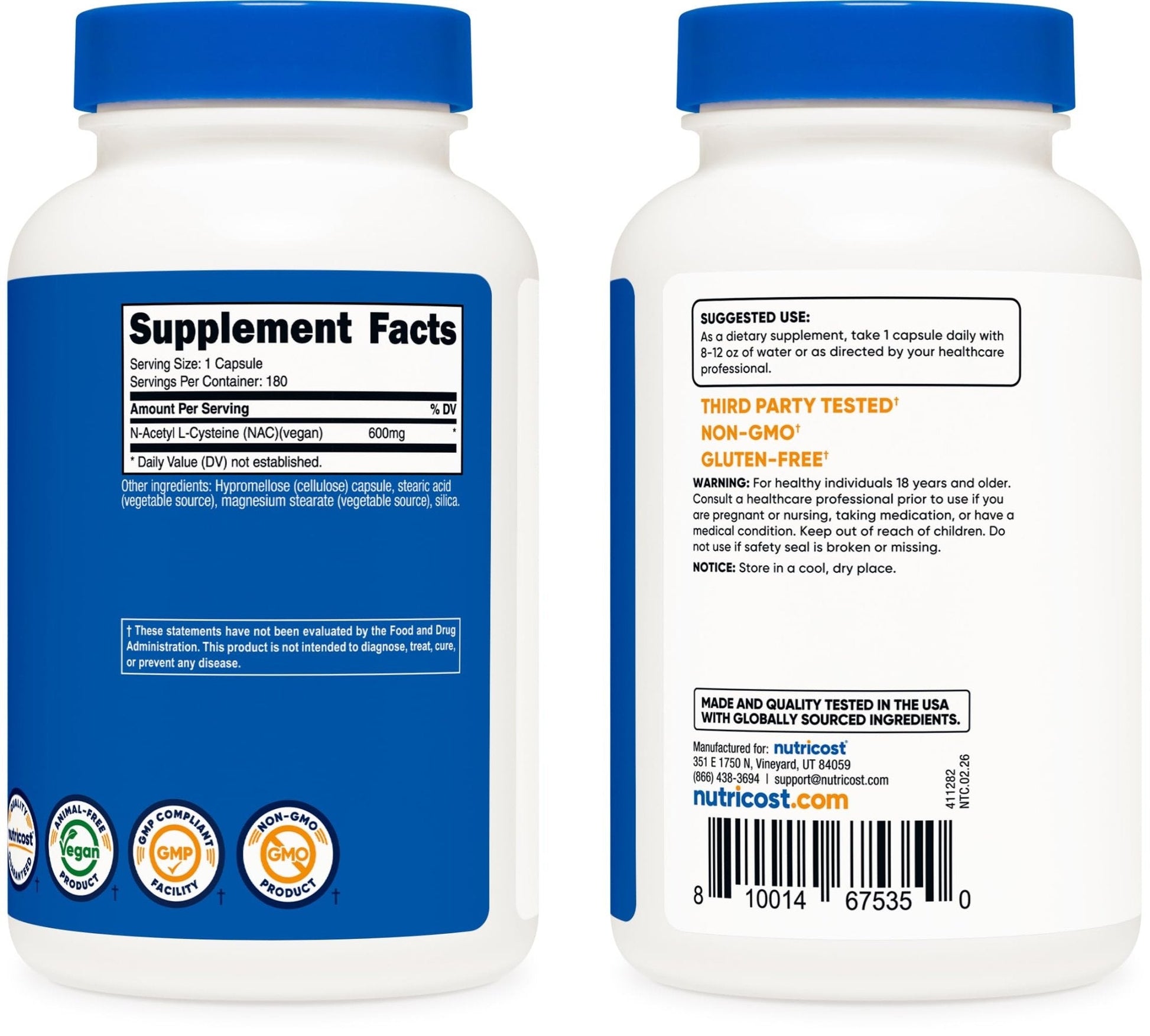 Nutricost N-Acetyl L-Cysteine (NAC) 600mg, 180 Capsules | GMO-Free And Gluten Free - PrimeBioHealth - canada supplements