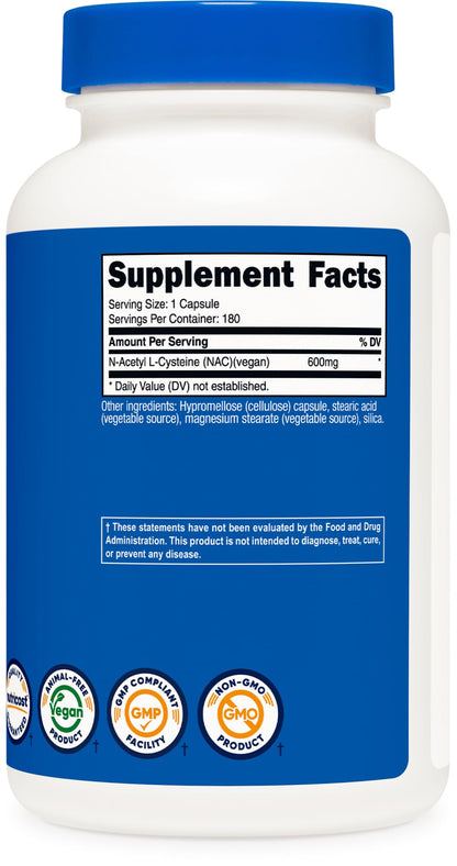 Nutricost N-Acetyl L-Cysteine (NAC) 600mg, 180 Capsules | GMO-Free And Gluten Free - PrimeBioHealth - canada supplements