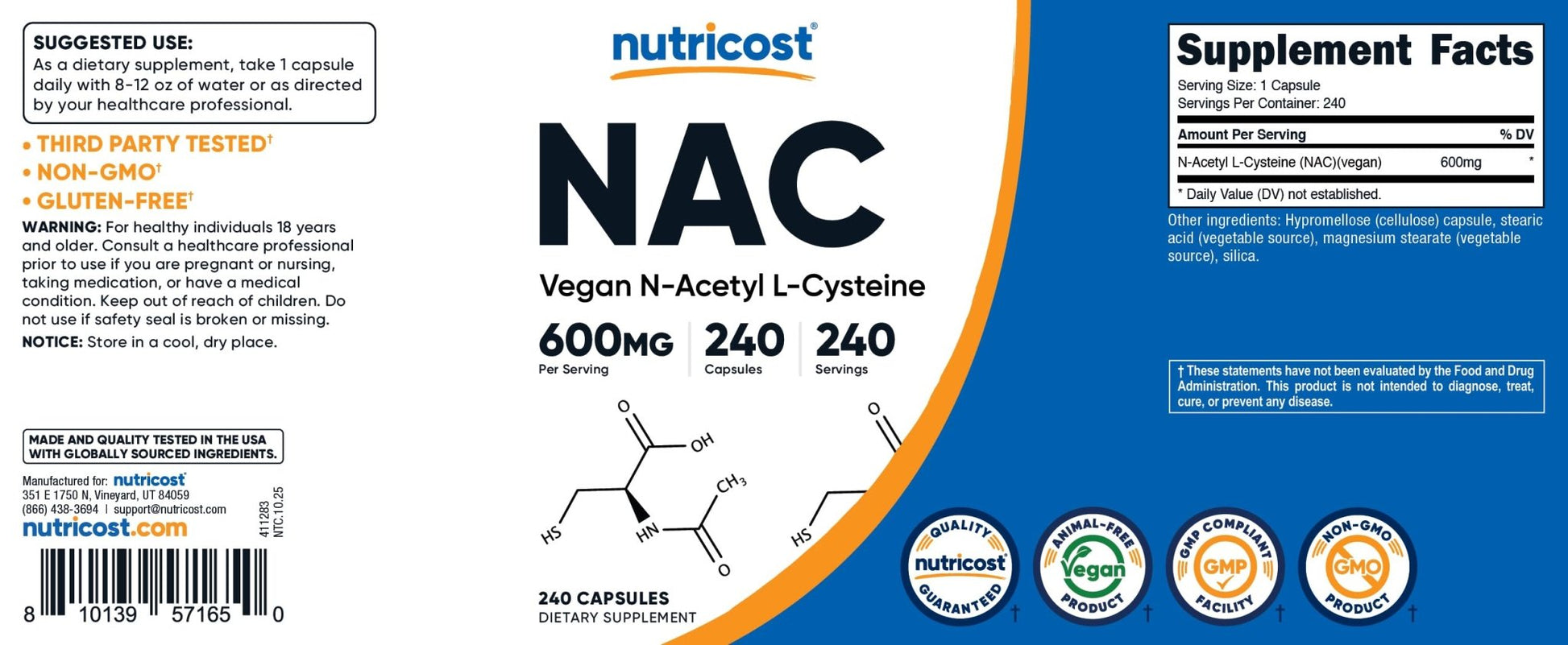 Nutricost N-Acetyl L-Cysteine (NAC) 600mg, 180 Capsules | GMO-Free And Gluten Free - PrimeBioHealth - canada supplements