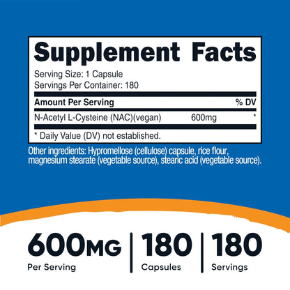 Nutricost N-Acetyl L-Cysteine (NAC) 600mg, 180 Capsules - Non-GMO, Gluten Free - PrimeBioHealth - canada supplements