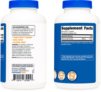 Nutricost Niacinamide (Vitamin B3) 500mg, 240 Capsules - Non-GMO, Gluten Free, Flush Free Vitamin B3 - PrimeBioHealth - canada supplements
