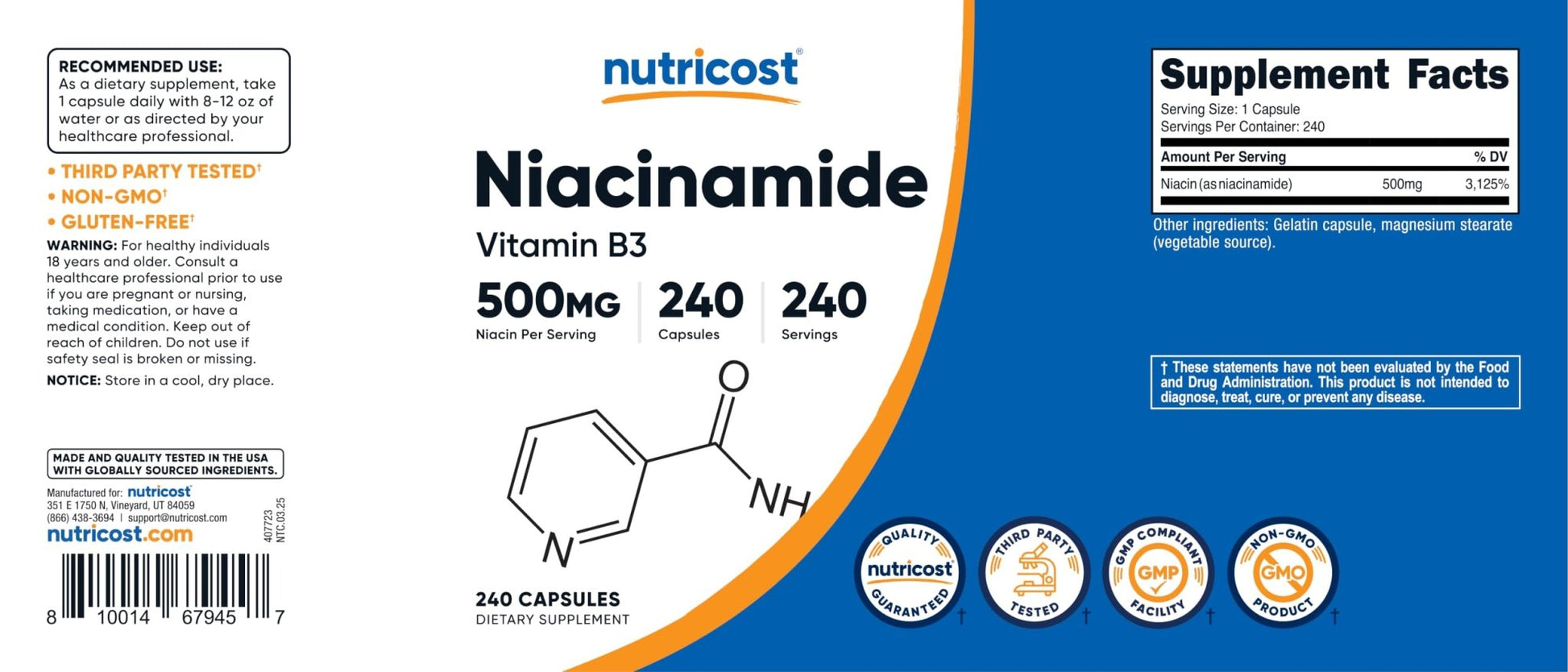 Nutricost Niacinamide (Vitamin B3) 500mg, 240 Capsules - Non-GMO, Gluten Free, Flush Free Vitamin B3 - PrimeBioHealth - canada supplements