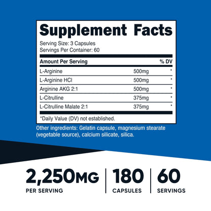 Nutricost Nitric Oxide Booster 2250mg, 180 Capsules - 750mg Per Casule, 60 Servings - Gluten Free and Non-GMO - PrimeBioHealth - canada supplements
