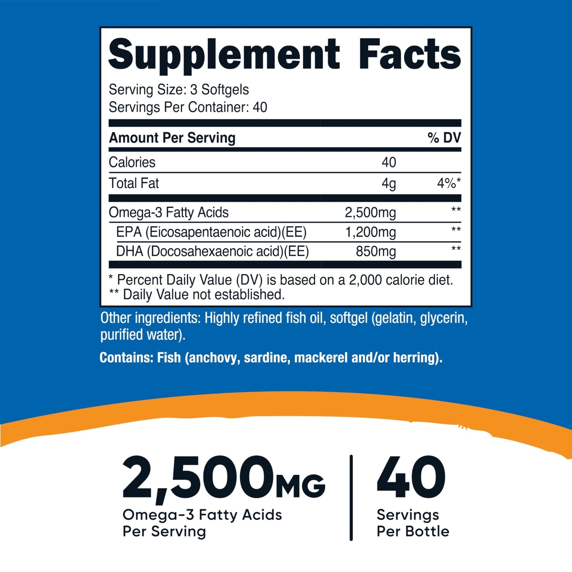 Nutricost Omega 3 Fish Oil - 2500MG, 120 Softgels (40 Serv) - Fish Oil, Wild Caught! 1200mg EPA 850mg DHA - PrimeBioHealth - canada supplements