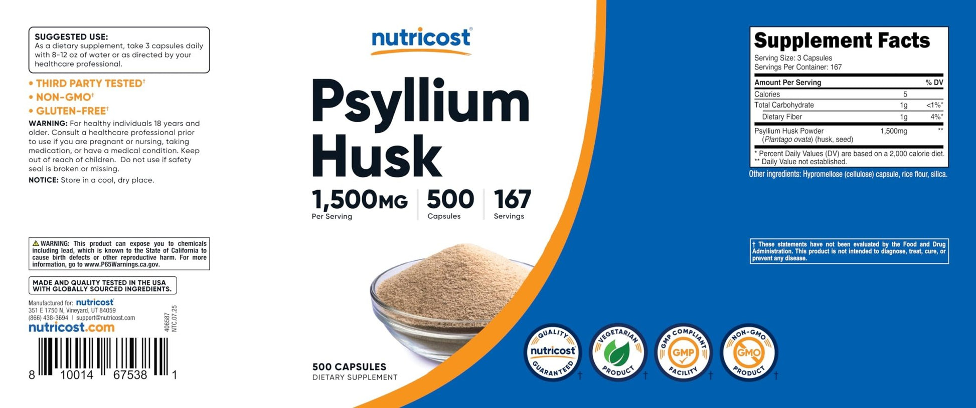 Nutricost Psyllium Husk 1500mg Per Serving, 500 Capsules - Non-GMO & Gluten Free - PrimeBioHealth - canada supplements