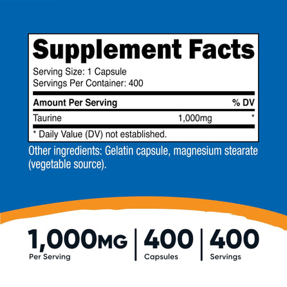 Nutricost Taurine 1000mg, 400 Capsules - PrimeBioHealth - canada supplements
