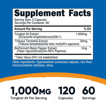 Nutricost Tongkat Ali 1,000mg 120 Capsules, Gluten Free, GMO-Free | With Tribulus Terrestris and BioPerine, Vegetarian Caps, Potent Extract - PrimeBioHealth - canada supplements