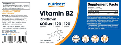 Nutricost Vitamin B2 (Riboflavin) 400mg, 120 Capsules - Gluten Free, Non-GMO - PrimeBioHealth - canada supplements
