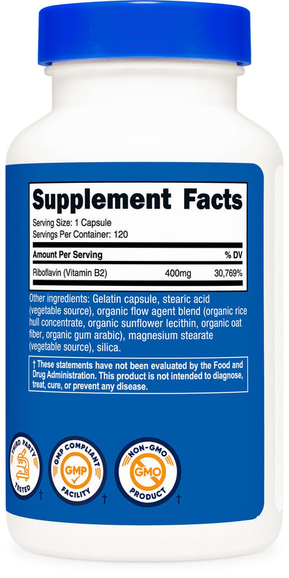 Nutricost Vitamin B2 (Riboflavin) 400mg, 120 Capsules - Gluten Free, Non-GMO - PrimeBioHealth - canada supplements