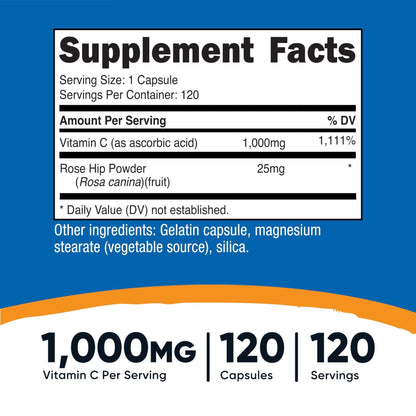 Nutricost Vitamin C with Rose Hips 1025mg, 240 Capsules, Gluten Free | Vitamin C 1,000mg, Rose Hips 25mg, GMO-Free - PrimeBioHealth - canada supplements