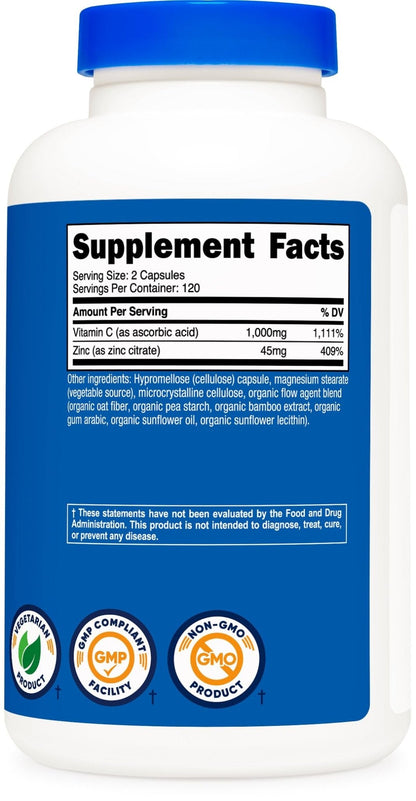 Nutricost Vitamin C with Zinc Capsules, 120 Servings - 1000mg, 45mg Zinc, Non-GMO, Gluten Free Vitamin C Supplement - PrimeBioHealth - canada supplements