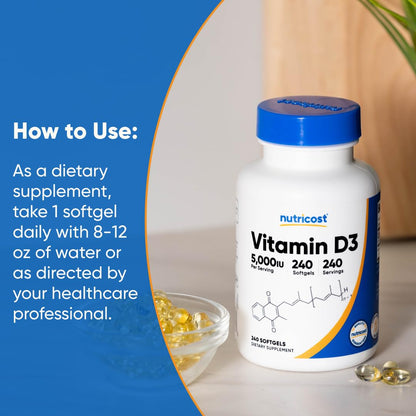Nutricost Vitamin D3 5,000 IU (125mcg), 240 Softgels, GMO-Free | Gluten Free Vitamin D - PrimeBioHealth - canada supplements