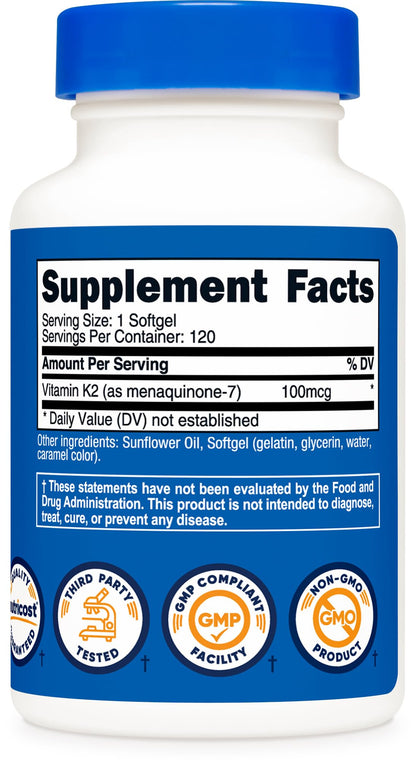 Nutricost Vitamin K2 MK-7 100 mcg, 240 Softgels, Gluten Free, GMO-Free | MK7 - PrimeBioHealth - canada supplements
