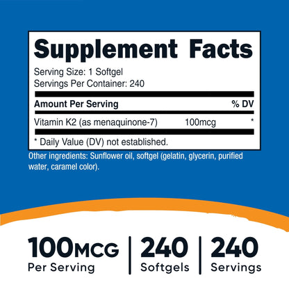 Nutricost Vitamin K2 MK-7 100 mcg, 240 Softgels, Gluten Free, GMO-Free | MK7 - PrimeBioHealth - canada supplements