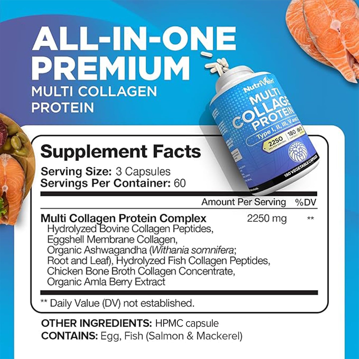 Nutrivein Premium Multi Collagen Pills 2250 mg - 180 Easy-to-Swallow Collagen Capsules: Type I, II, III, V, X Hydrolyzed Protein Peptides for Women and Men - PrimeBioHealth - canada supplements