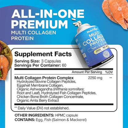 Nutrivein Premium Multi Collagen Pills 2250 mg - 180 Easy-to-Swallow Collagen Capsules: Type I, II, III, V, X Hydrolyzed Protein Peptides for Women and Men - PrimeBioHealth - canada supplements