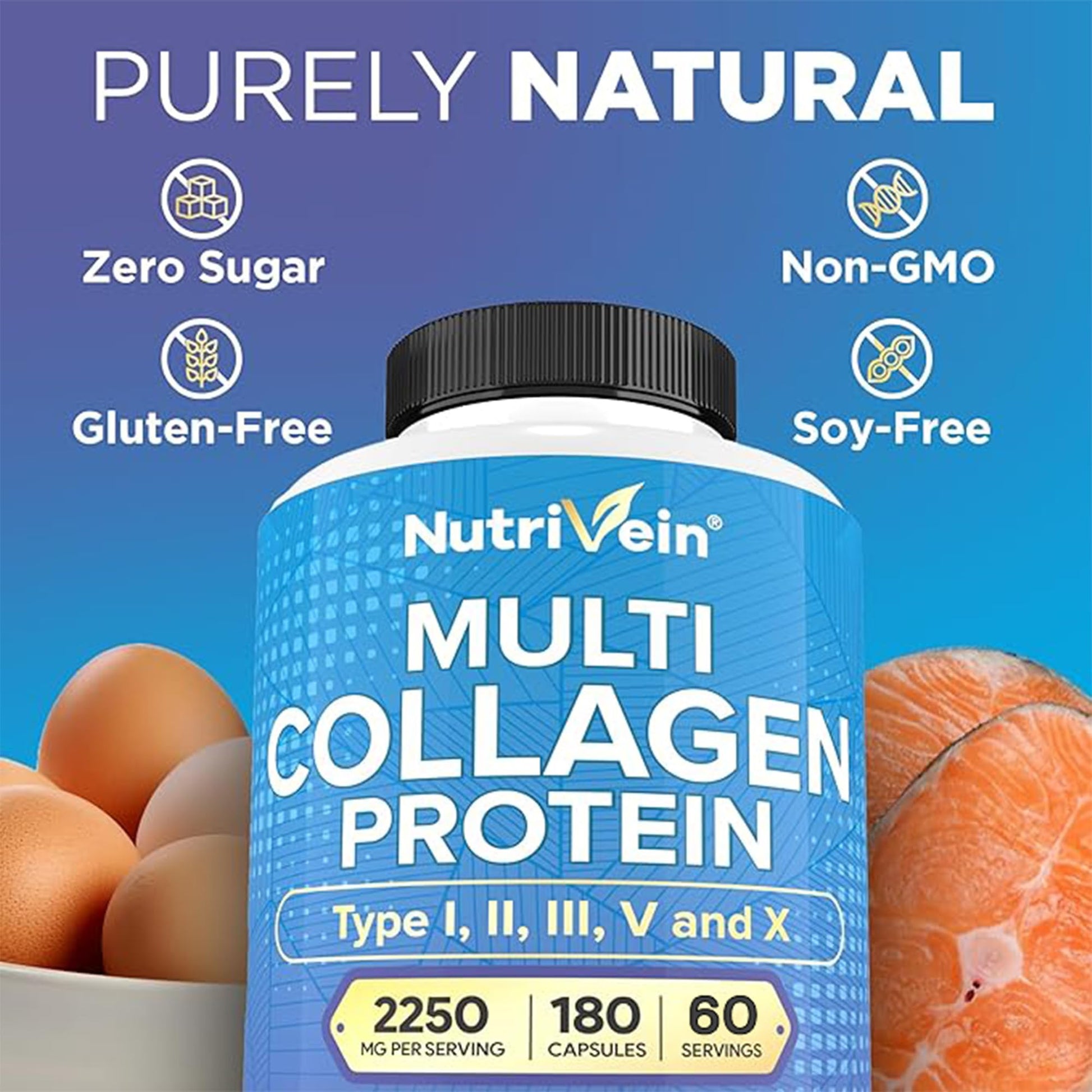 Nutrivein Premium Multi Collagen Pills 2250 mg - 180 Easy-to-Swallow Collagen Capsules: Type I, II, III, V, X Hydrolyzed Protein Peptides for Women and Men - PrimeBioHealth - canada supplements