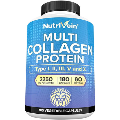 Nutrivein Premium Multi Collagen Pills 2250 mg - 180 Easy-to-Swallow Collagen Capsules: Type I, II, III, V, X Hydrolyzed Protein Peptides for Women and Men - PrimeBioHealth - canada supplements