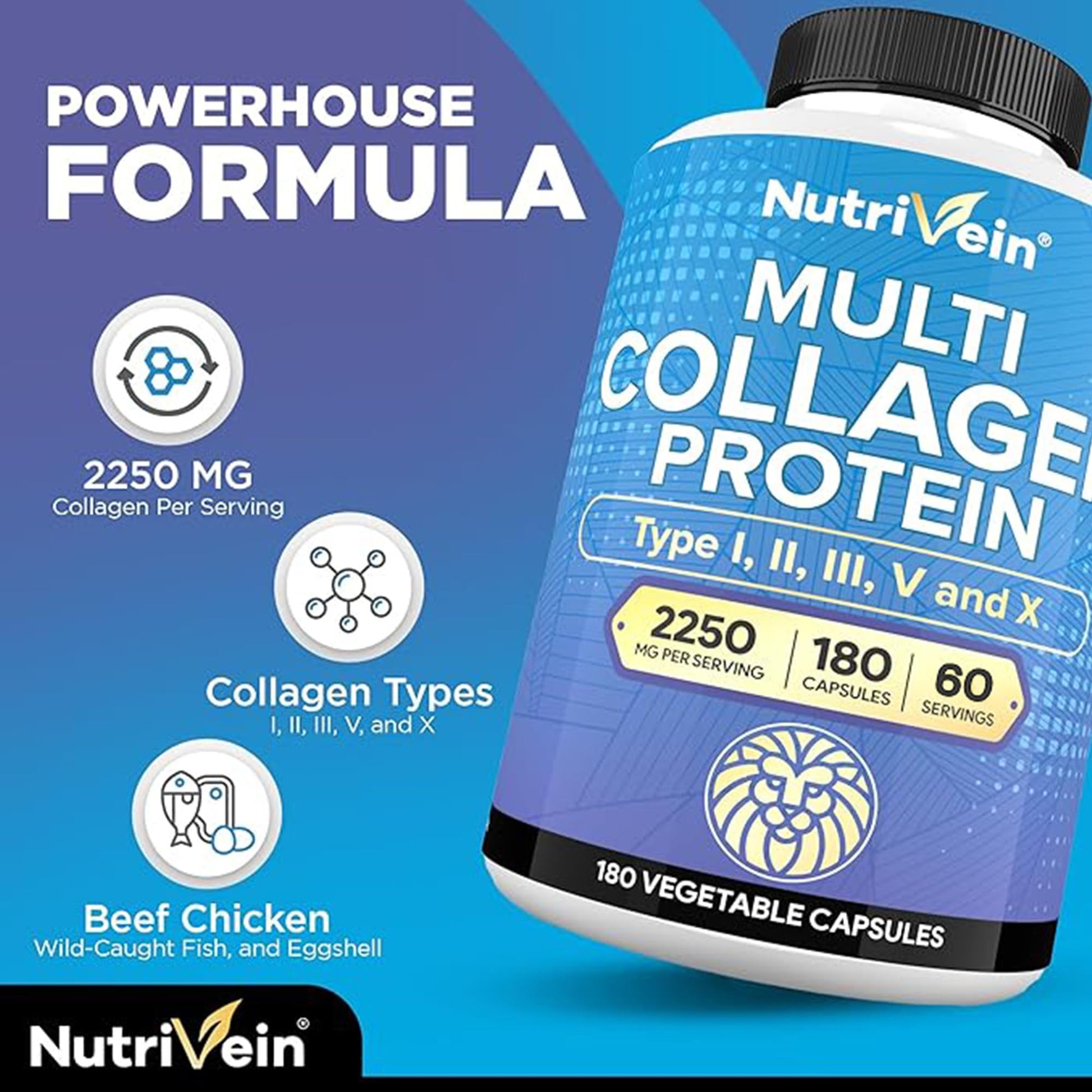Nutrivein Premium Multi Collagen Pills 2250 mg - 180 Easy-to-Swallow Collagen Capsules: Type I, II, III, V, X Hydrolyzed Protein Peptides for Women and Men - PrimeBioHealth - canada supplements