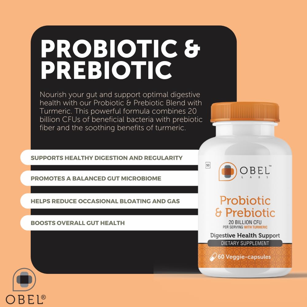 obel Probiotic & Prebiotic Supplement with Turmeric | 20 Billion CFU | 60 Capsules (30 Day Supply) | 4 Strains | Supports Digestion - PrimeBioHealth - canada supplements