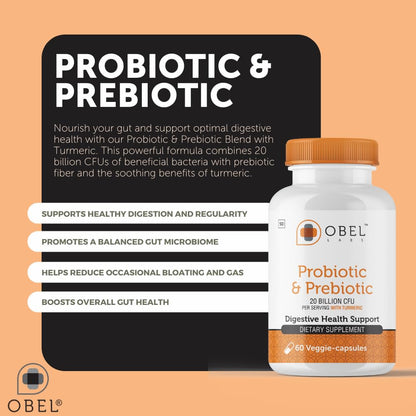obel Probiotic & Prebiotic Supplement with Turmeric | 20 Billion CFU | 60 Capsules (30 Day Supply) | 4 Strains | Supports Digestion - PrimeBioHealth - canada supplements