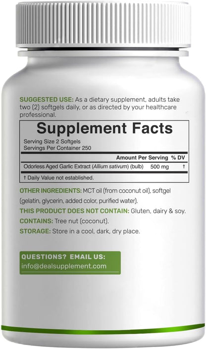 Odorless Aged Garlic, 500 Softgels – Enhanced with MCT Oil - Fresh Allium Sativum Bulb Source – 2-Years Aged Garlic Extract – Non-GMO, cGMP Manufactured - PrimeBioHealth - canada supplements