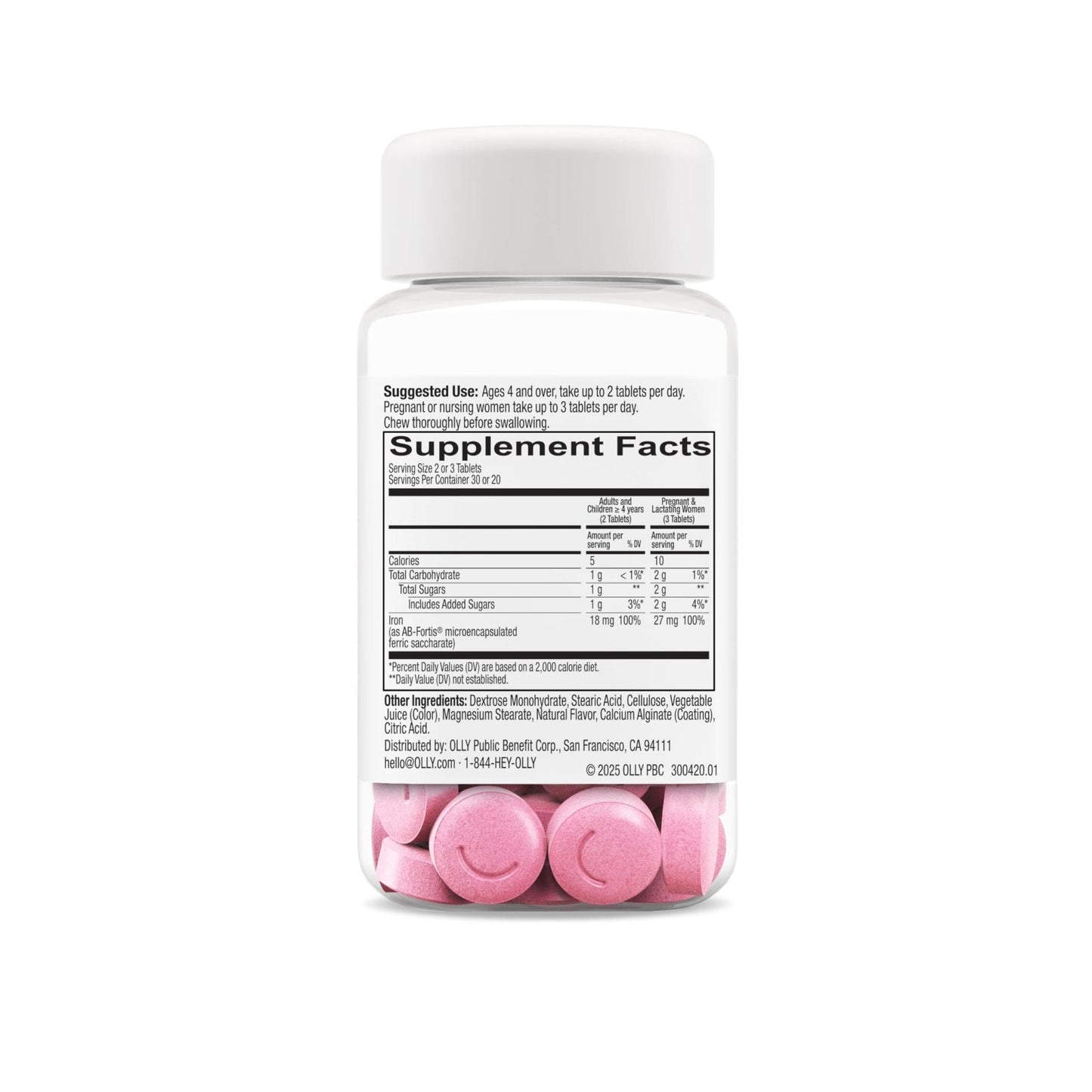 OLLY Delightful Iron Chewable Tablet, Iron Supplement from AB Fortis, Fruit Punch Flavored, 30 or 20 Day Supply - 60 Count - PrimeBioHealth - canada supplements
