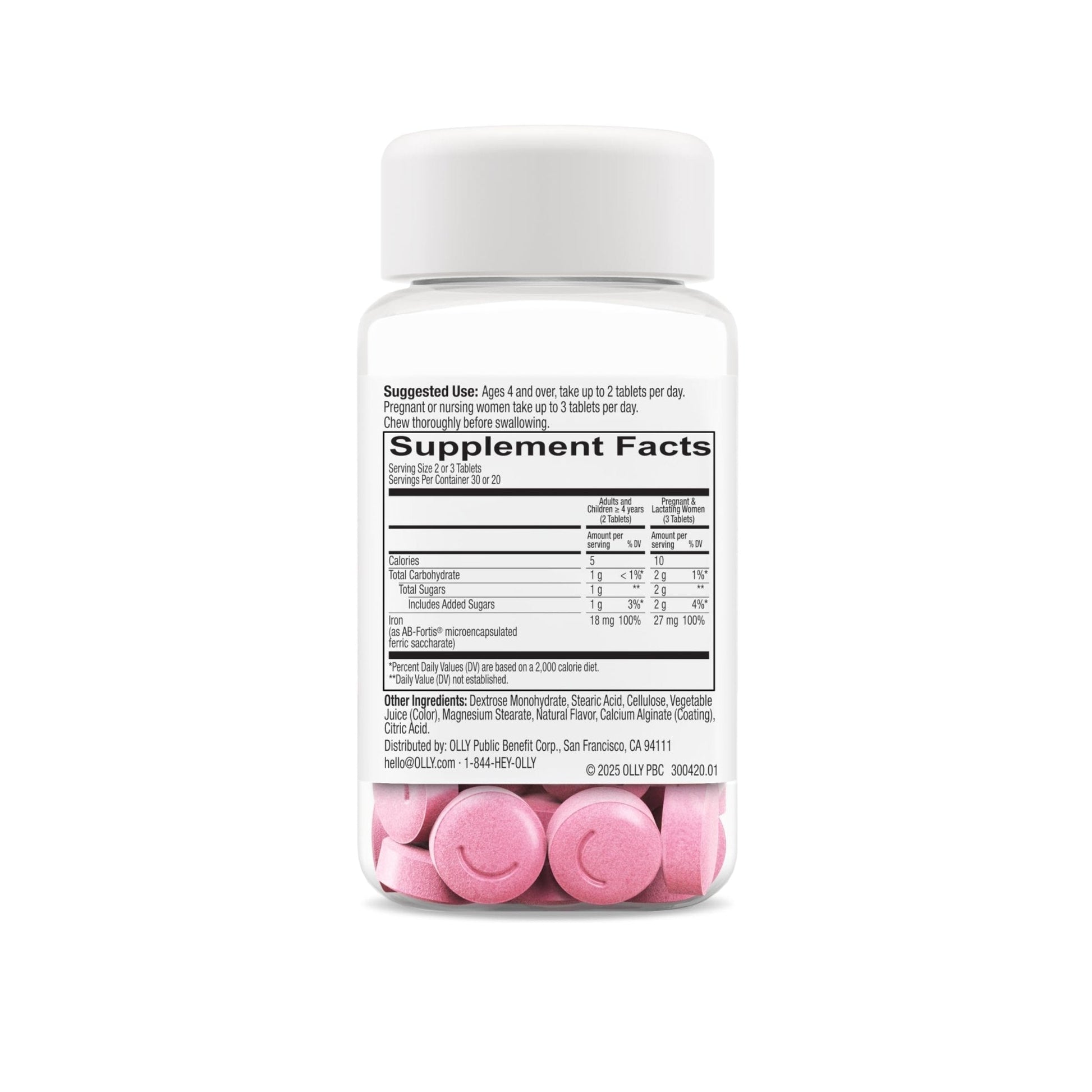 OLLY Delightful Iron Chewable Tablet, Iron Supplement from AB Fortis, Fruit Punch Flavored, 30 or 20 Day Supply - 60 Count - PrimeBioHealth - canada supplements