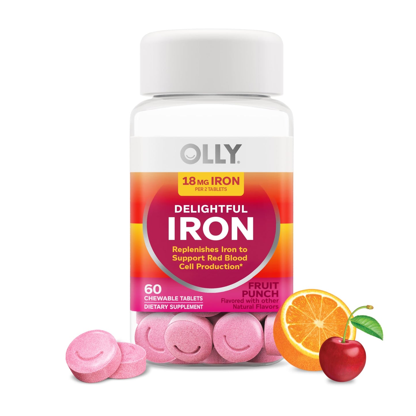 OLLY Delightful Iron Chewable Tablet, Iron Supplement from AB Fortis, Fruit Punch Flavored, 30 or 20 Day Supply - 60 Count - PrimeBioHealth - canada supplements