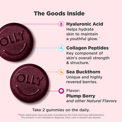 OLLY Glowing Skin Gummy, Hydrated & Youthful Skin,* Hyaluronic Acid, Collagen Peptides, Sea Buckthorn, Plump Berry Flavor - PrimeBioHealth - canada supplements