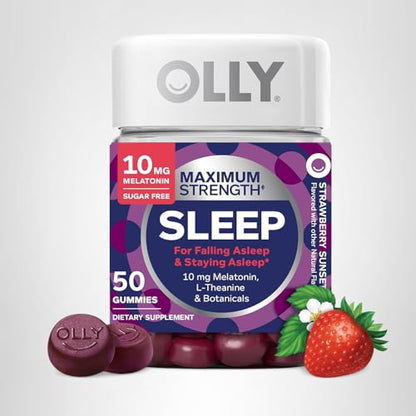 OLLY Max Strength Sleep Gummy, 10mg Melatonin, L-Theanine, Chamomile, Lemon Balm, Sugar Free, Vegetarian Sleep Aid, Strawberry - 70 Count - PrimeBioHealth - canada supplements